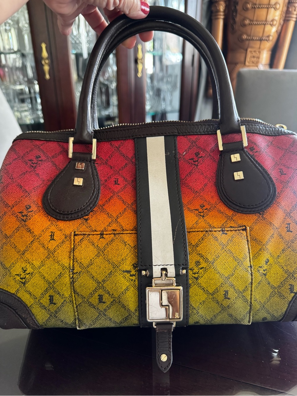 L.A.M.B. Gradient Red-Orange-Yellow Satchel with Brown Trim
